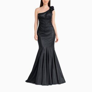 Vintage Xscape Joanna Chen 4P Black Satin One Shoulder Rosette Slit Mermaid Gown